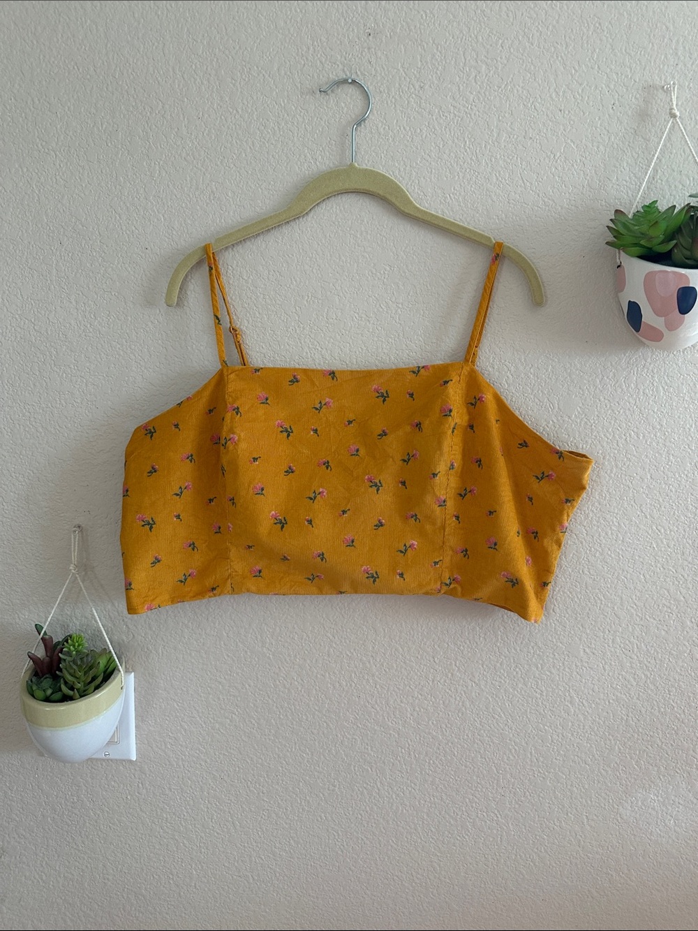 American Eagle Corduroy Floral Mustard Cropped Boho Spaghetti Strap Tank Top XXL